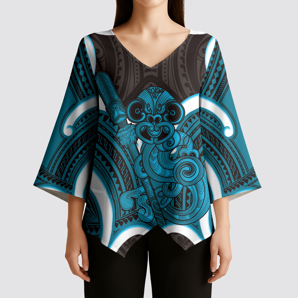 Kikorangi Aotearoa Atua Tumatauenga Personalised Kimono Sleeve Blouse Maori God Of War Tiki With Taiaha