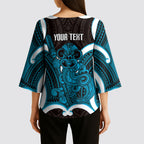 Kikorangi Aotearoa Atua Tumatauenga Personalised Kimono Sleeve Blouse Maori God Of War Tiki With Taiaha