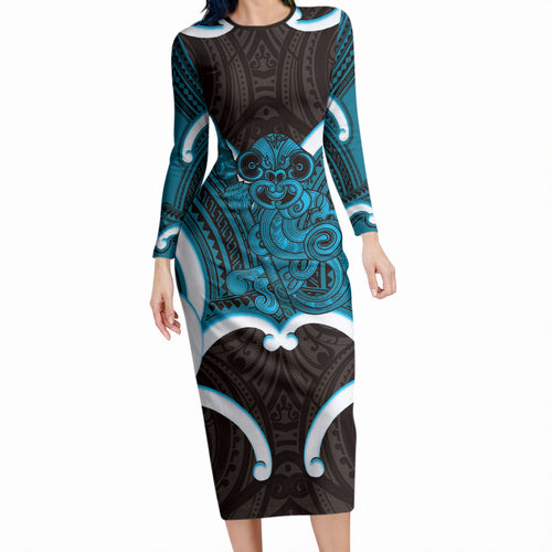 Kikorangi Aotearoa Atua Tumatauenga Personalised Long Sleeve Bodycon Dress Maori God Of War Tiki With Taiaha