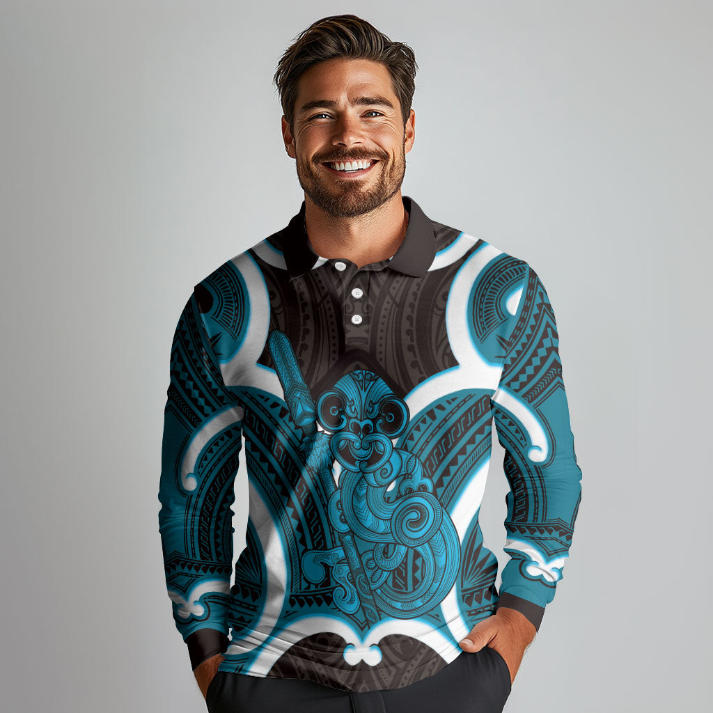 Kikorangi Aotearoa Atua Tumatauenga Personalised Long Sleeve Polo Shirt Maori God Of War Tiki With Taiaha