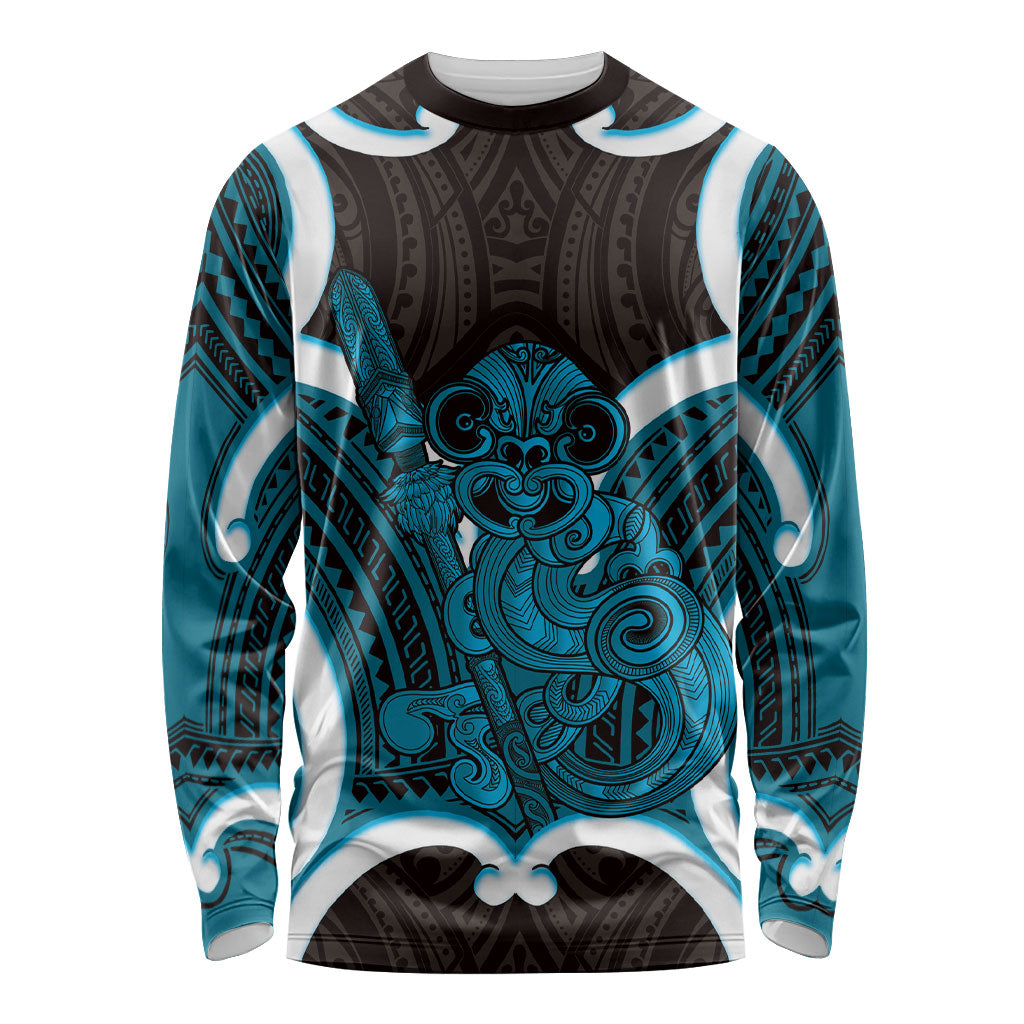 Kikorangi Aotearoa Atua Tumatauenga Personalised Long Sleeve Shirt Maori God Of War Tiki With Taiaha