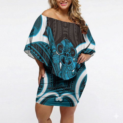 Kikorangi Aotearoa Atua Tumatauenga Personalised Off Shoulder Short Dress Maori God Of War Tiki With Taiaha