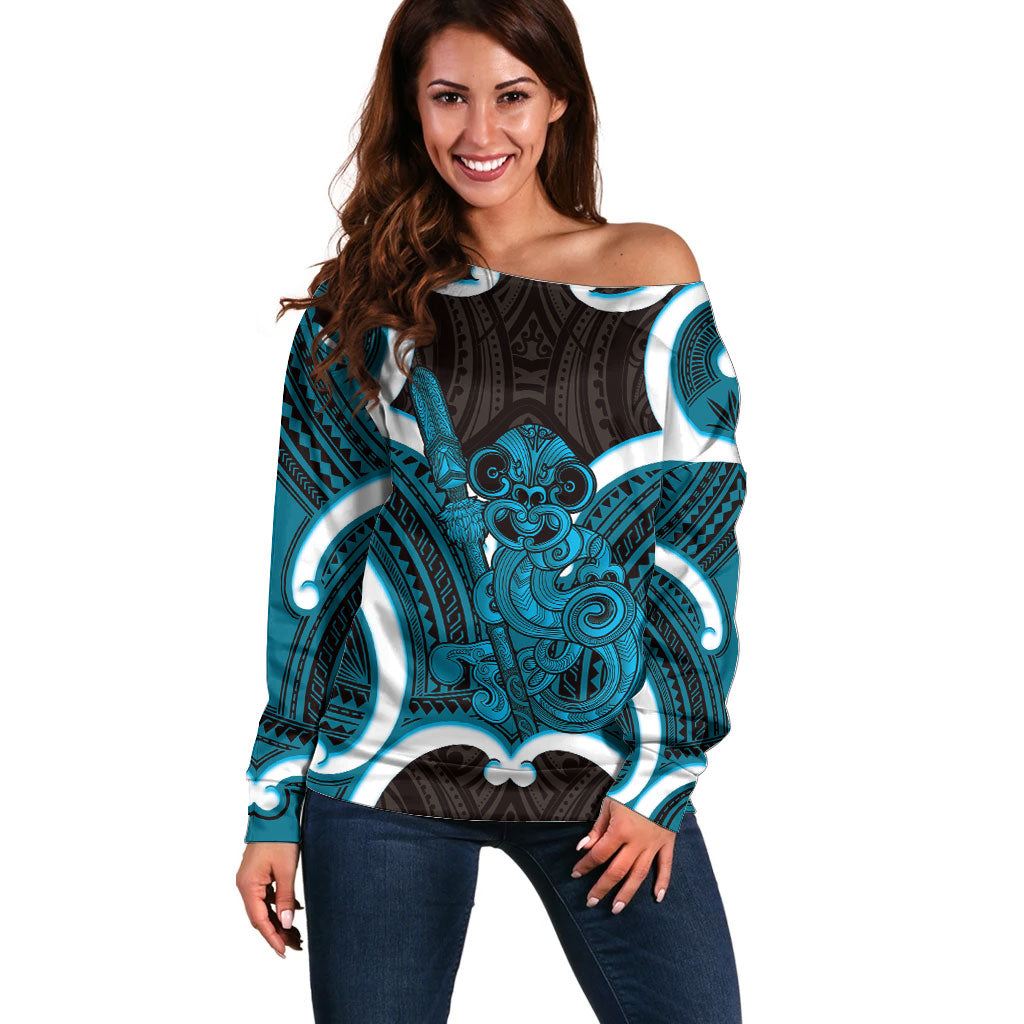Kikorangi Aotearoa Atua Tumatauenga Personalised Off Shoulder Sweater Maori God Of War Tiki With Taiaha