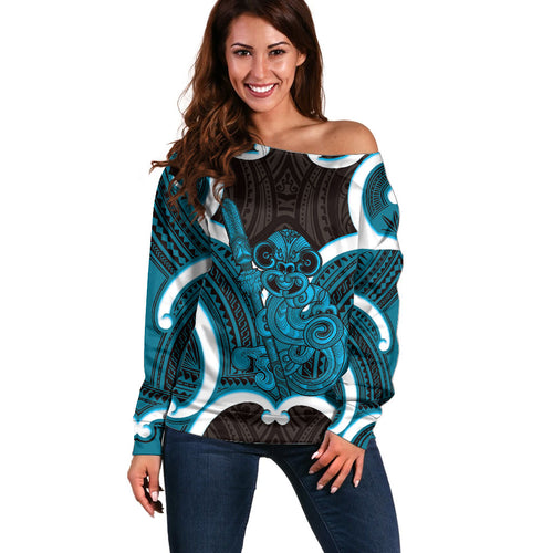 Kikorangi Aotearoa Atua Tumatauenga Personalised Off Shoulder Sweater Maori God Of War Tiki With Taiaha