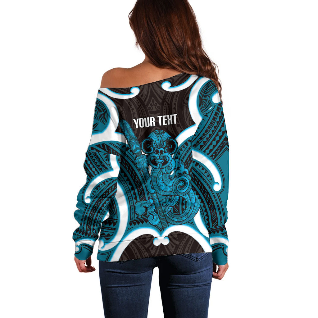 Kikorangi Aotearoa Atua Tumatauenga Personalised Off Shoulder Sweater Maori God Of War Tiki With Taiaha