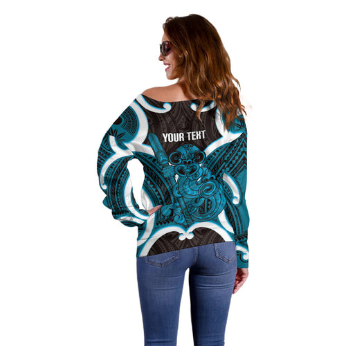 Kikorangi Aotearoa Atua Tumatauenga Personalised Off Shoulder Sweater Maori God Of War Tiki With Taiaha