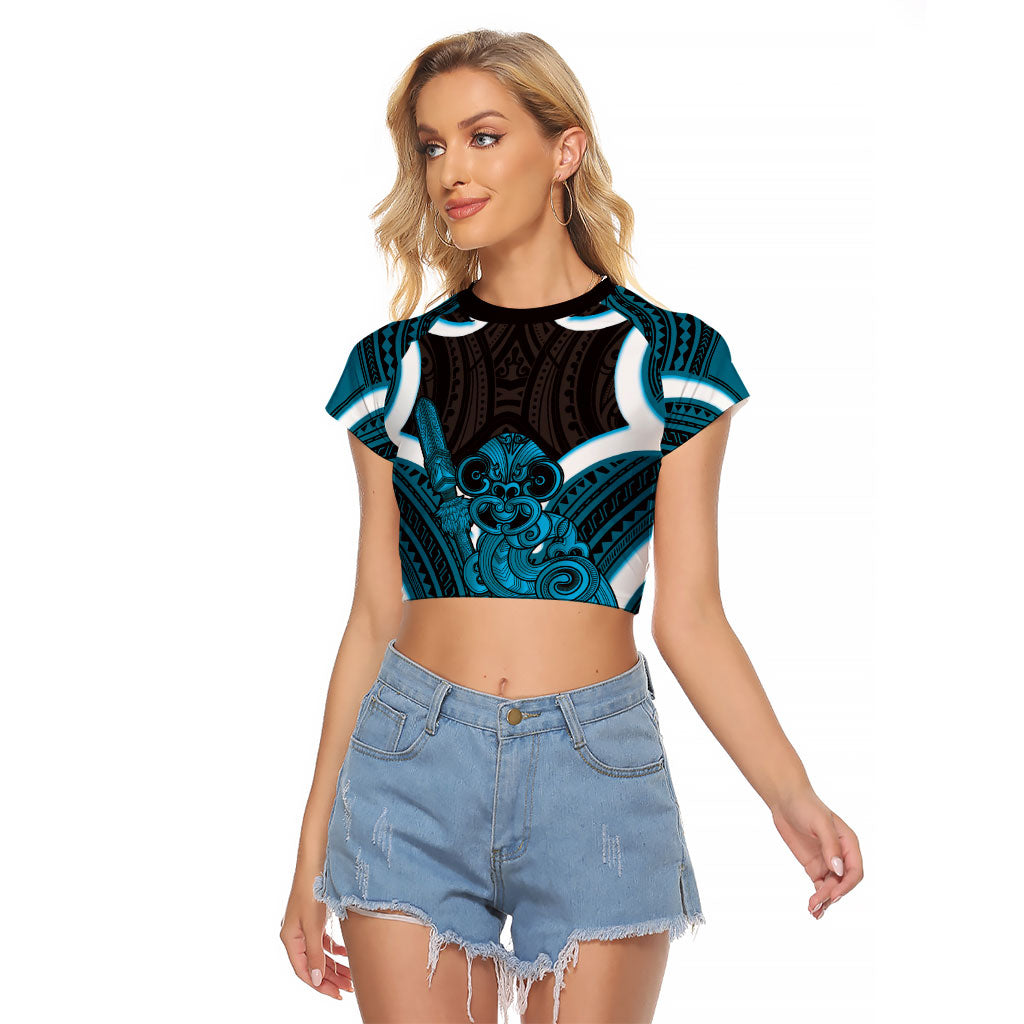 Kikorangi Aotearoa Atua Tumatauenga Personalised Raglan Cropped T Shirt Maori God Of War Tiki With Taiaha
