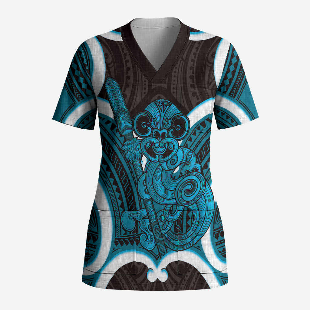 Kikorangi Aotearoa Atua Tumatauenga Personalised Scrub Top Maori God Of War Tiki With Taiaha