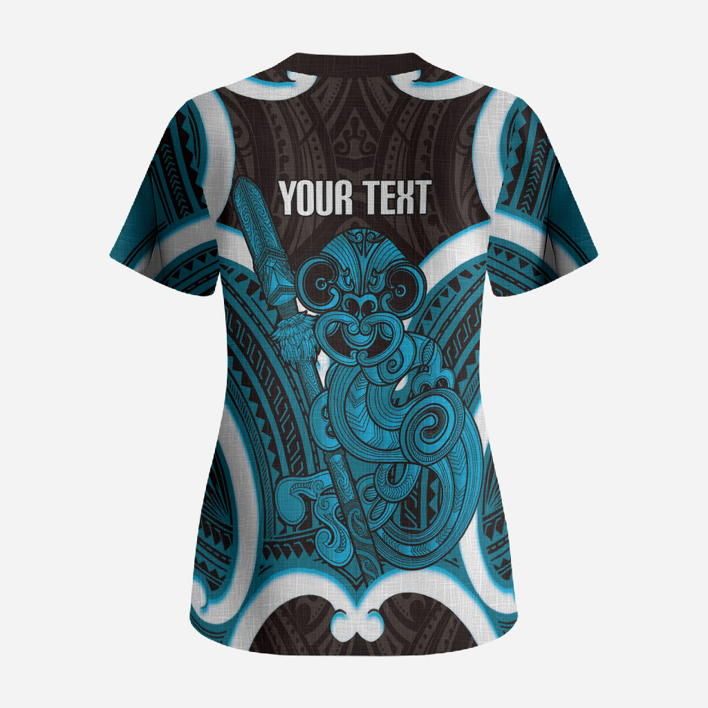 Kikorangi Aotearoa Atua Tumatauenga Personalised Scrub Top Maori God Of War Tiki With Taiaha