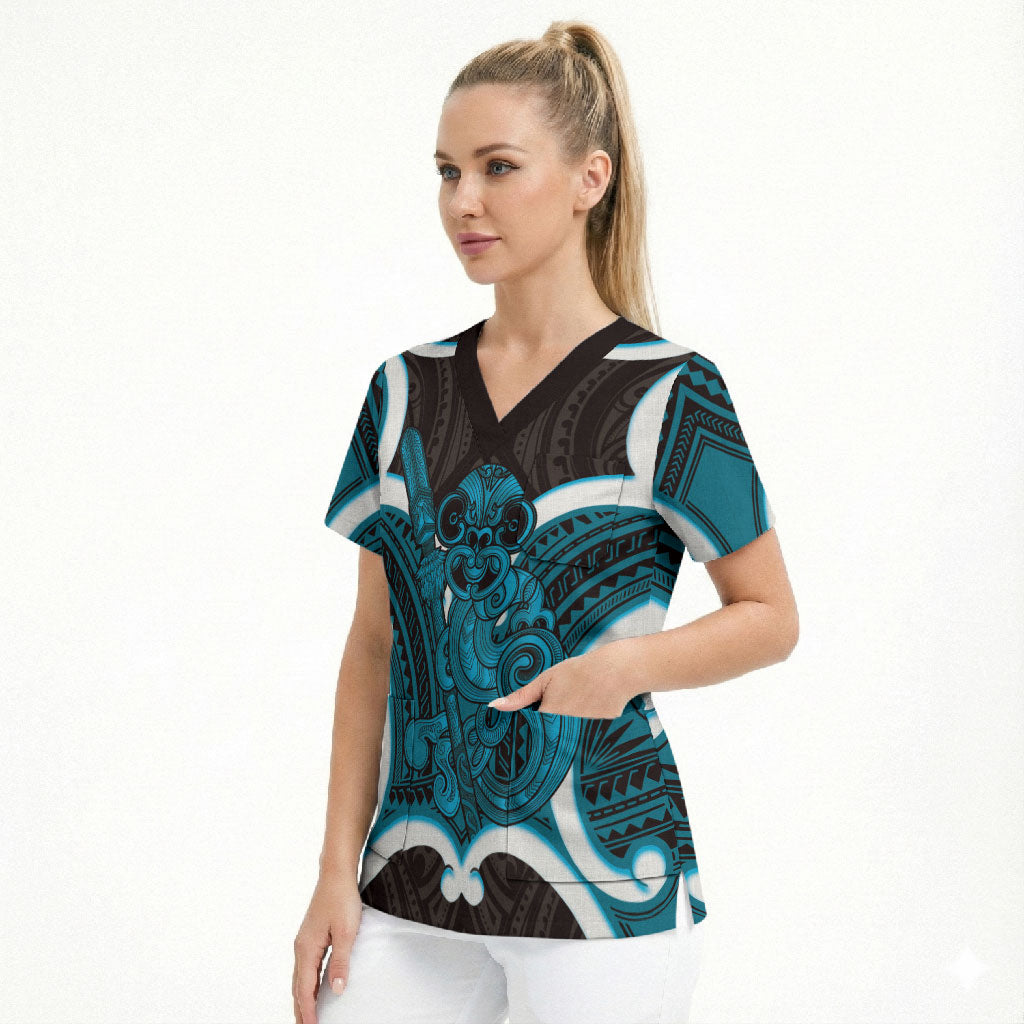 Kikorangi Aotearoa Atua Tumatauenga Personalised Scrub Top Maori God Of War Tiki With Taiaha