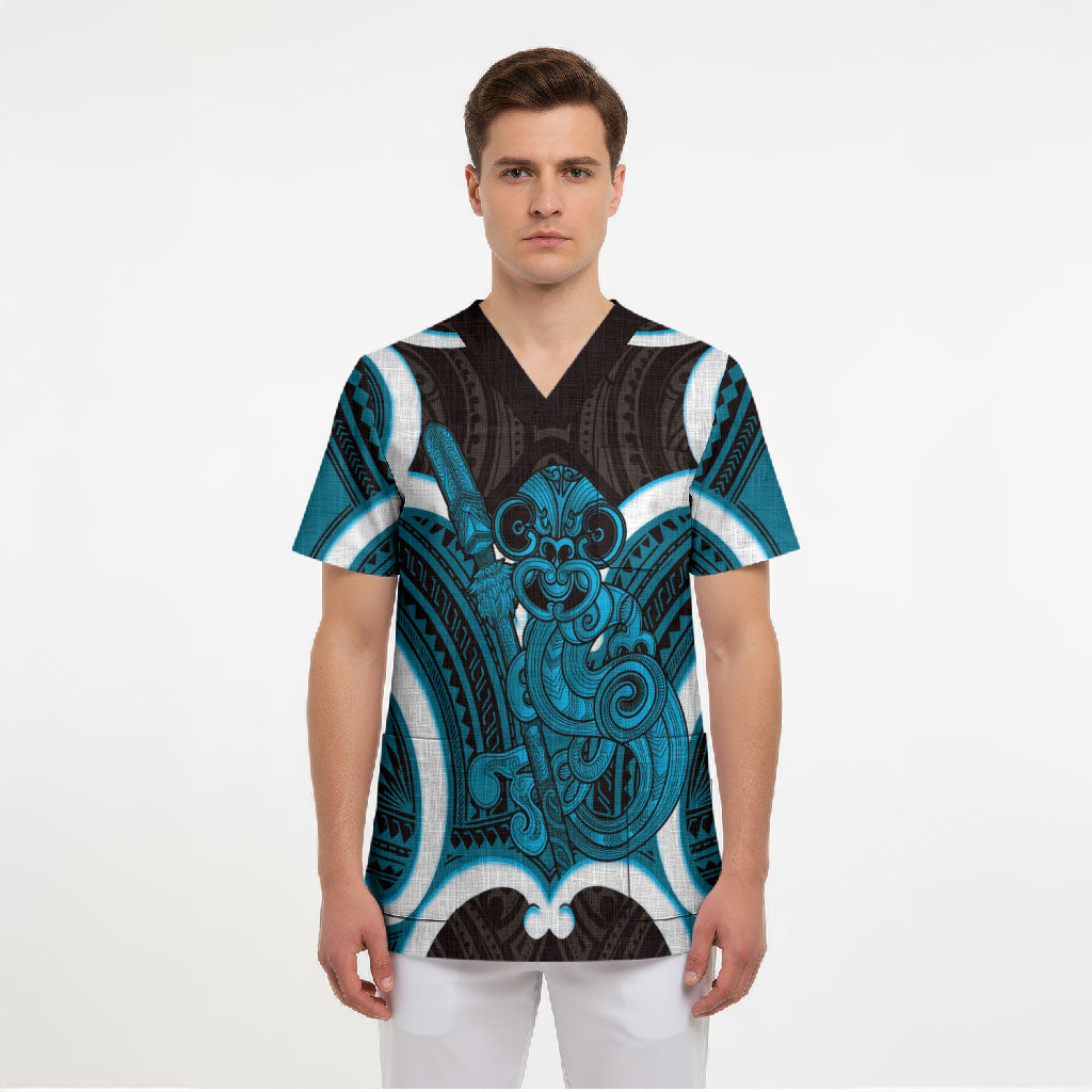 Kikorangi Aotearoa Atua Tumatauenga Personalised Scrub Top Maori God Of War Tiki With Taiaha