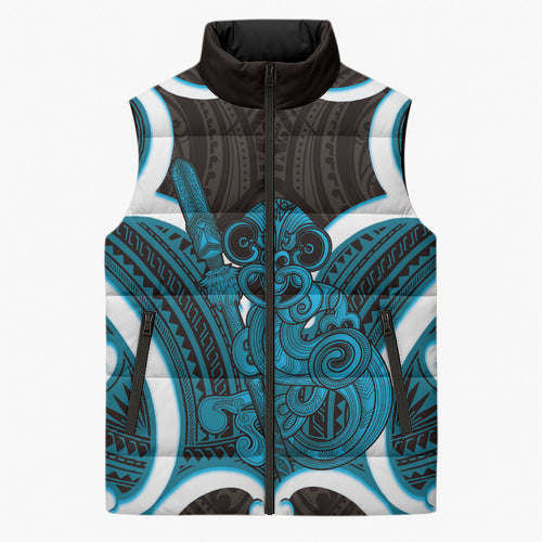 Kikorangi Aotearoa Atua Tumatauenga Personalised Sleeveless Puffer Jacket Maori God Of War Tiki With Taiaha