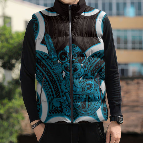 Kikorangi Aotearoa Atua Tumatauenga Personalised Sleeveless Puffer Jacket Maori God Of War Tiki With Taiaha