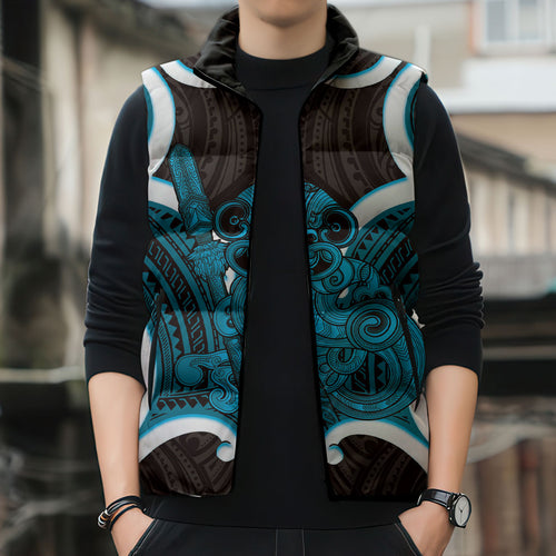 Kikorangi Aotearoa Atua Tumatauenga Personalised Sleeveless Puffer Jacket Maori God Of War Tiki With Taiaha