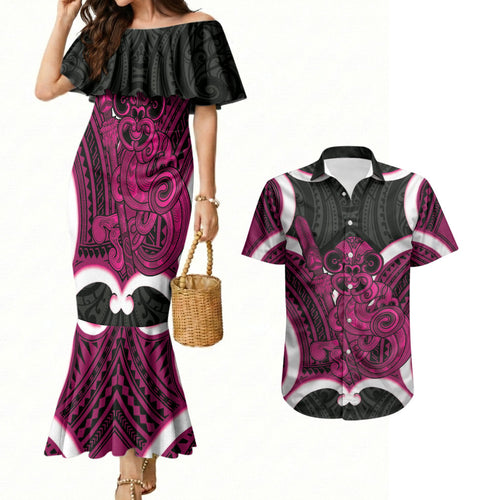 Mawhero Aotearoa Atua Tumatauenga Personalised Couples Matching Mermaid Dress and Hawaiian Shirt Maori God Of War Tiki With Taiaha