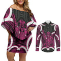 Mawhero Aotearoa Atua Tumatauenga Personalised Couples Matching Off Shoulder Short Dress and Long Sleeve Button Shirt Maori God Of War Tiki With Taiaha