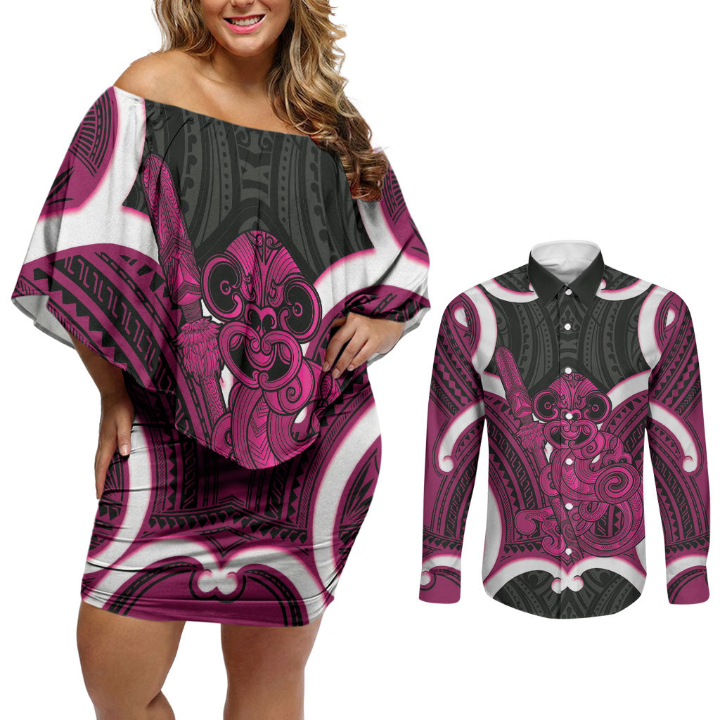 Mawhero Aotearoa Atua Tumatauenga Personalised Couples Matching Off Shoulder Short Dress and Long Sleeve Button Shirt Maori God Of War Tiki With Taiaha