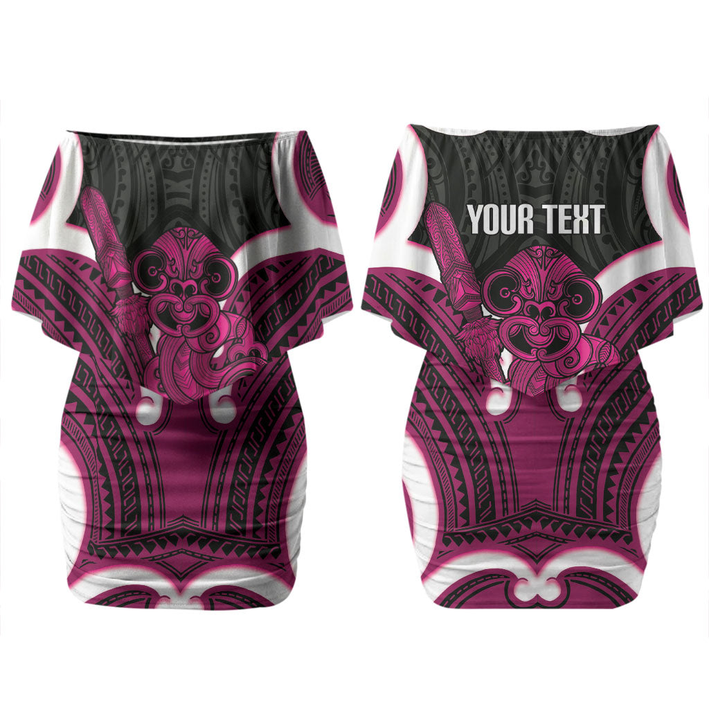 Mawhero Aotearoa Atua Tumatauenga Personalised Couples Matching Off Shoulder Short Dress and Long Sleeve Button Shirt Maori God Of War Tiki With Taiaha
