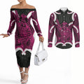 Mawhero Aotearoa Atua Tumatauenga Personalised Couples Matching Off The Shoulder Long Sleeve Dress and Long Sleeve Button Shirt Maori God Of War Tiki With Taiaha