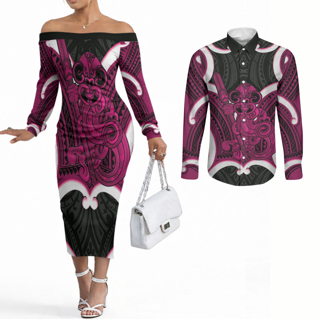 Mawhero Aotearoa Atua Tumatauenga Personalised Couples Matching Off The Shoulder Long Sleeve Dress and Long Sleeve Button Shirt Maori God Of War Tiki With Taiaha