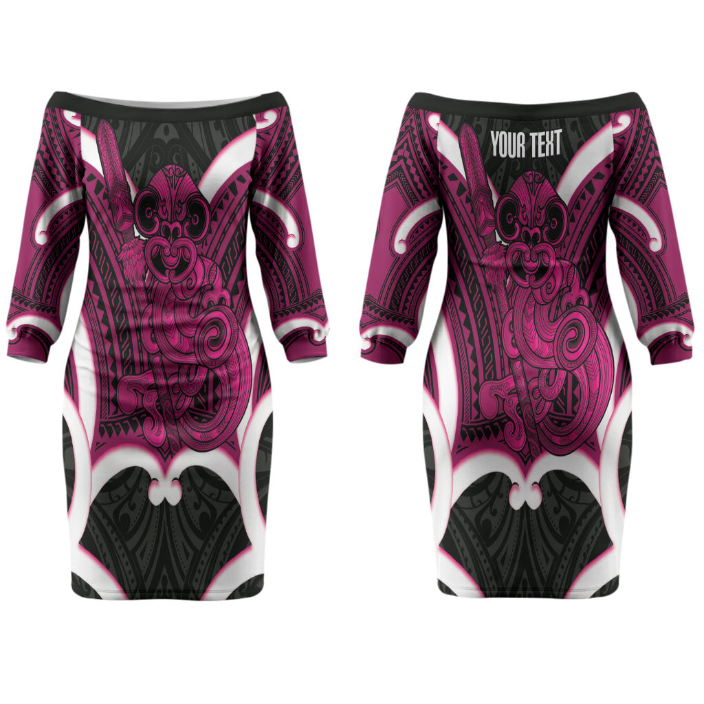 Mawhero Aotearoa Atua Tumatauenga Personalised Couples Matching Off The Shoulder Long Sleeve Dress and Long Sleeve Button Shirt Maori God Of War Tiki With Taiaha