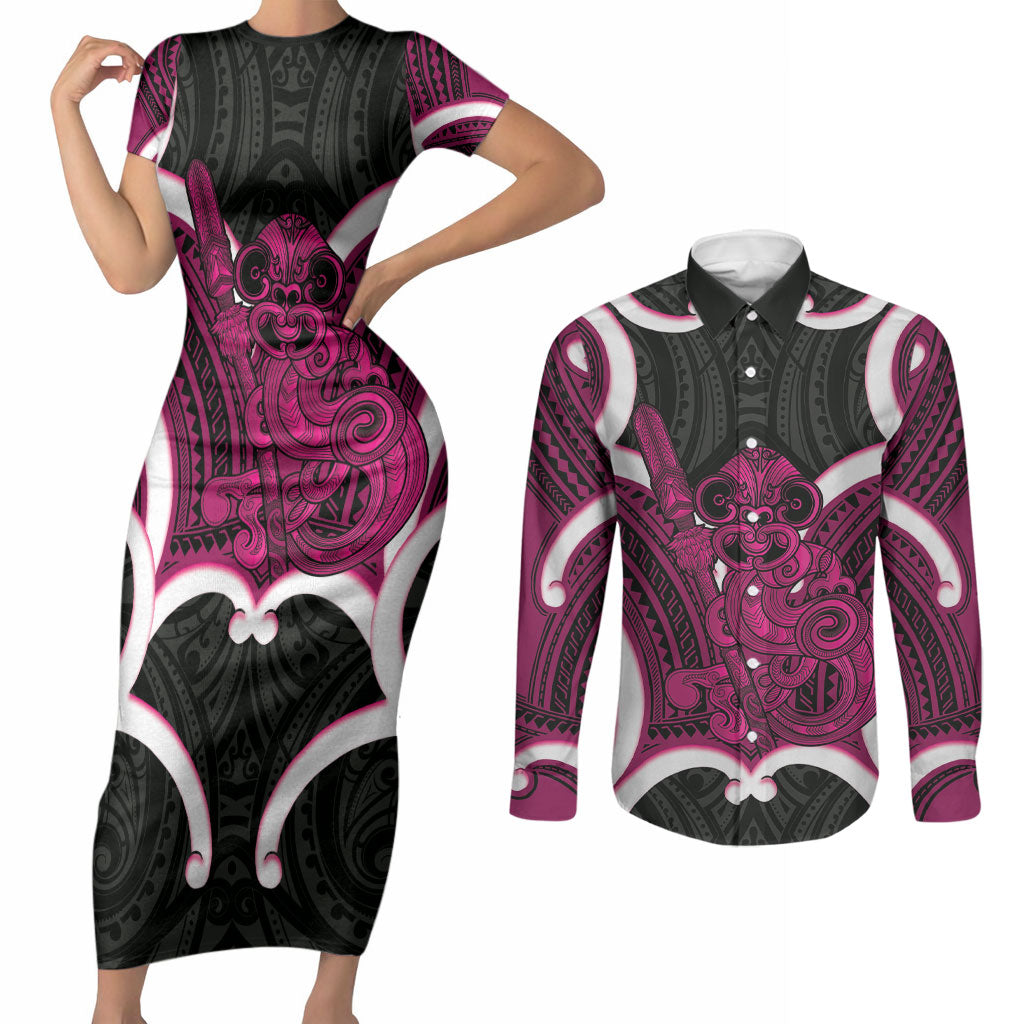 Mawhero Aotearoa Atua Tumatauenga Personalised Couples Matching Short Sleeve Bodycon Dress and Long Sleeve Button Shirt Maori God Of War Tiki With Taiaha