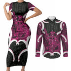 Mawhero Aotearoa Atua Tumatauenga Personalised Couples Matching Short Sleeve Bodycon Dress and Long Sleeve Button Shirt Maori God Of War Tiki With Taiaha