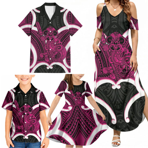 Mawhero Aotearoa Atua Tumatauenga Personalised Family Matching Summer Maxi Dress and Hawaiian Shirt Maori God Of War Tiki With Taiaha