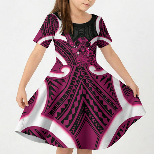Mawhero Aotearoa Atua Tumatauenga Personalised Kid Short Sleeve Dress Maori God Of War Tiki With Taiaha