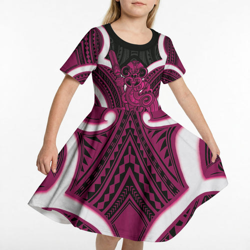 Mawhero Aotearoa Atua Tumatauenga Personalised Kid Short Sleeve Dress Maori God Of War Tiki With Taiaha