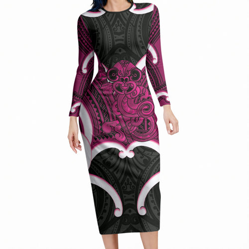 Mawhero Aotearoa Atua Tumatauenga Personalised Long Sleeve Bodycon Dress Maori God Of War Tiki With Taiaha
