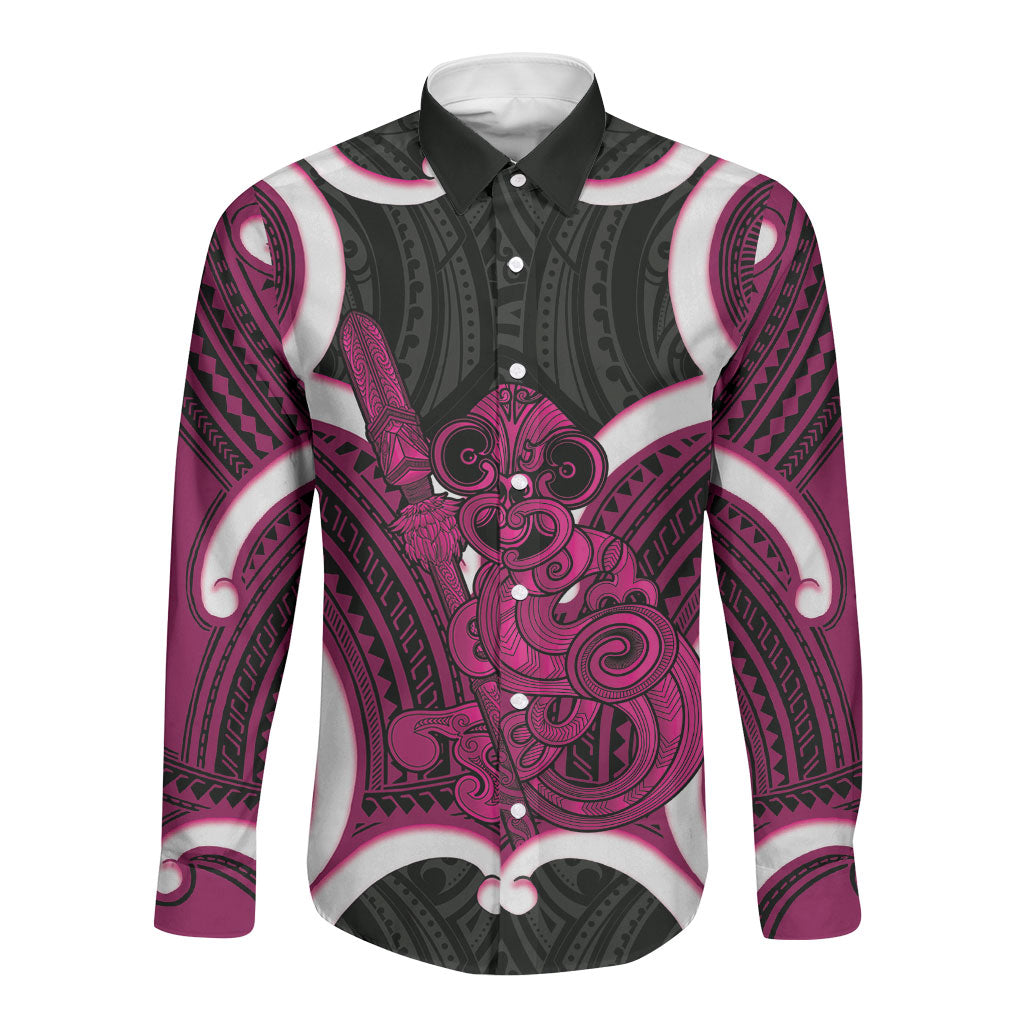 Mawhero Aotearoa Atua Tumatauenga Personalised Long Sleeve Button Shirt Maori God Of War Tiki With Taiaha
