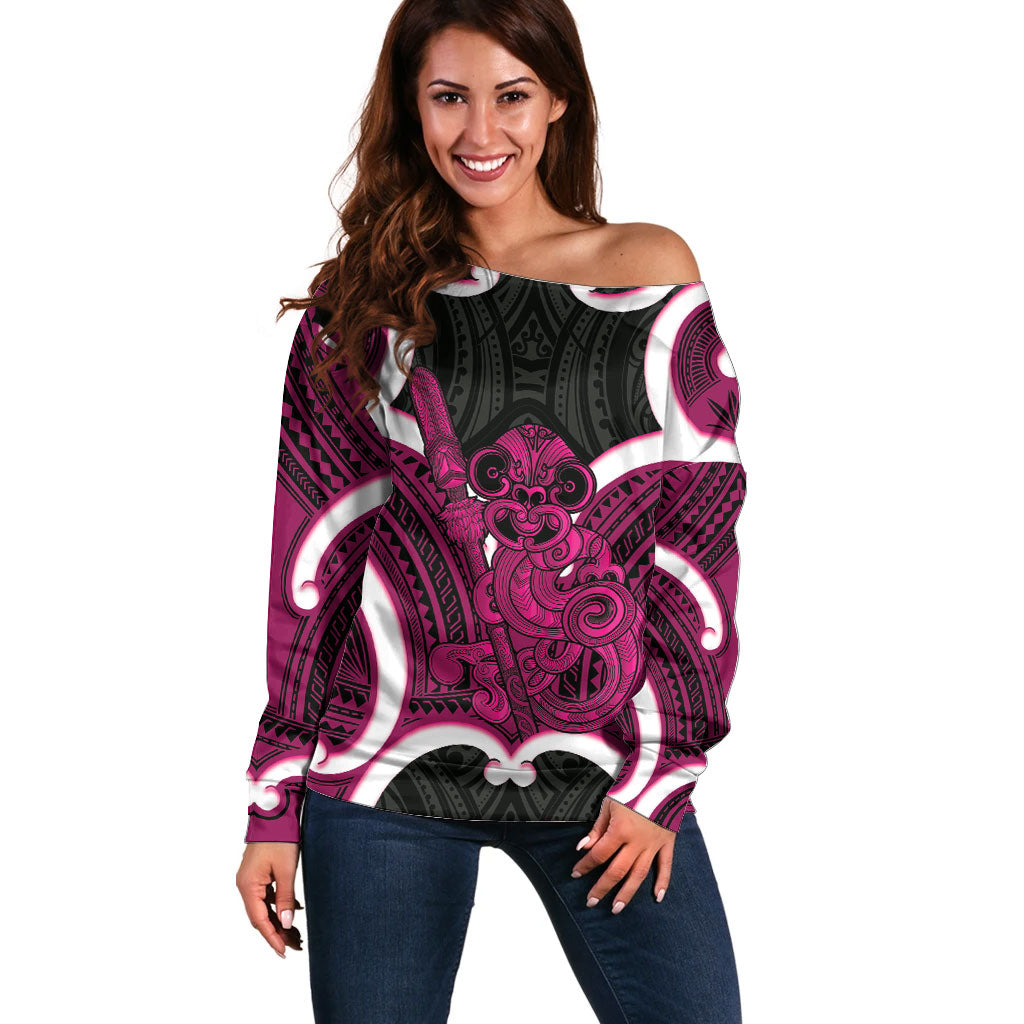 Mawhero Aotearoa Atua Tumatauenga Personalised Off Shoulder Sweater Maori God Of War Tiki With Taiaha