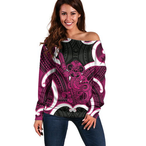 Mawhero Aotearoa Atua Tumatauenga Personalised Off Shoulder Sweater Maori God Of War Tiki With Taiaha