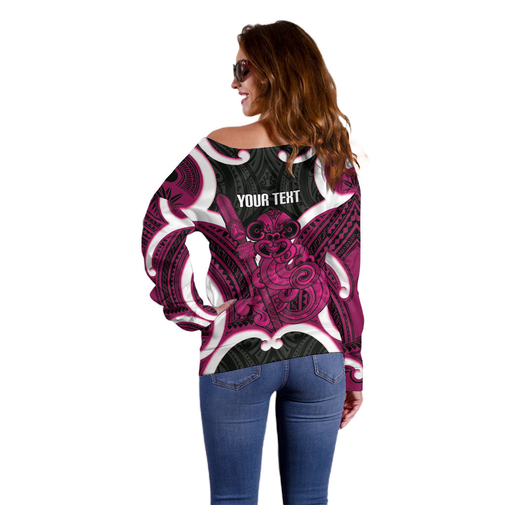 Mawhero Aotearoa Atua Tumatauenga Personalised Off Shoulder Sweater Maori God Of War Tiki With Taiaha