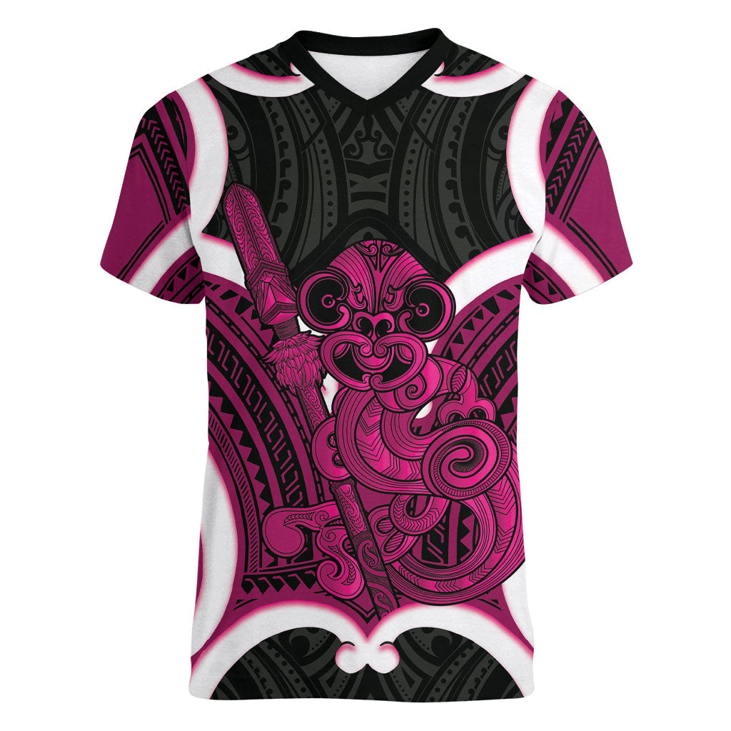 Mawhero Aotearoa Atua Tumatauenga Personalised Women V-Neck T-Shirt Maori God Of War Tiki With Taiaha