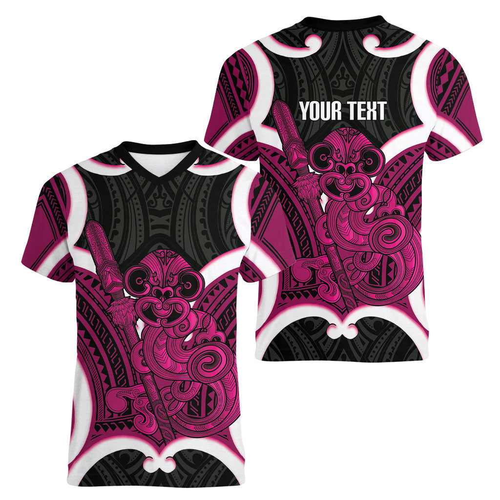 Mawhero Aotearoa Atua Tumatauenga Personalised Women V-Neck T-Shirt Maori God Of War Tiki With Taiaha