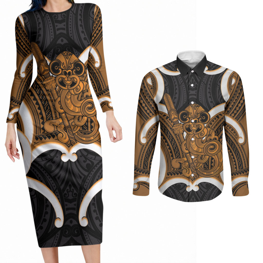 Karaka Aotearoa Atua Tumatauenga Personalised Couples Matching Long Sleeve Bodycon Dress and Long Sleeve Button Shirt Maori God Of War Tiki With Taiaha