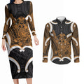 Karaka Aotearoa Atua Tumatauenga Personalised Couples Matching Long Sleeve Bodycon Dress and Long Sleeve Button Shirt Maori God Of War Tiki With Taiaha