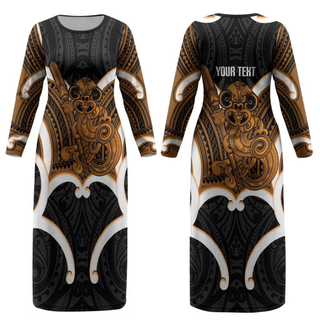 Karaka Aotearoa Atua Tumatauenga Personalised Couples Matching Long Sleeve Bodycon Dress and Long Sleeve Button Shirt Maori God Of War Tiki With Taiaha