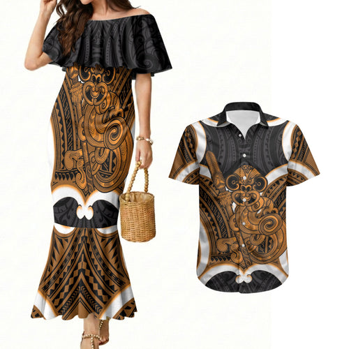 Karaka Aotearoa Atua Tumatauenga Personalised Couples Matching Mermaid Dress and Hawaiian Shirt Maori God Of War Tiki With Taiaha