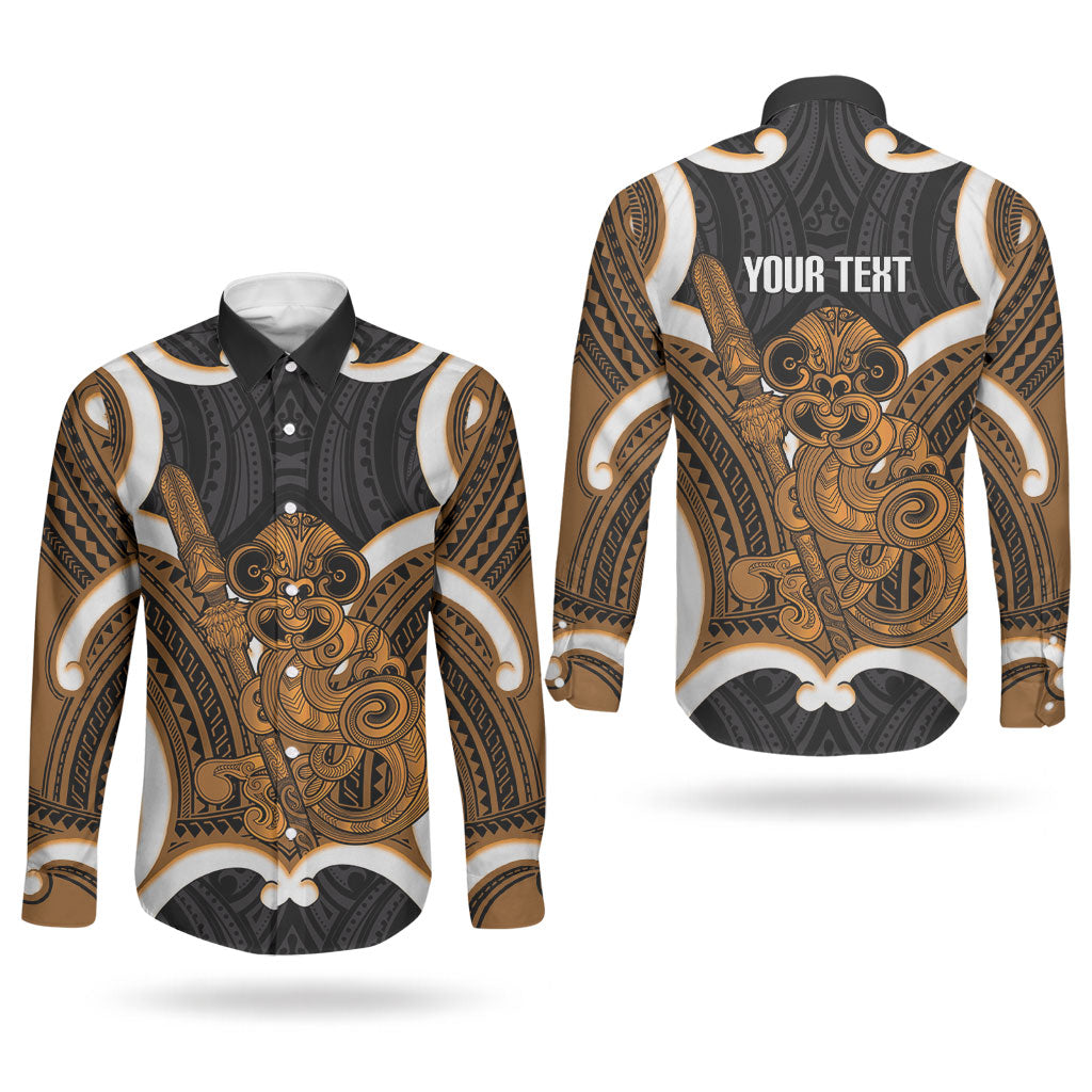 Karaka Aotearoa Atua Tumatauenga Personalised Couples Matching Mermaid Dress and Long Sleeve Button Shirt Maori God Of War Tiki With Taiaha