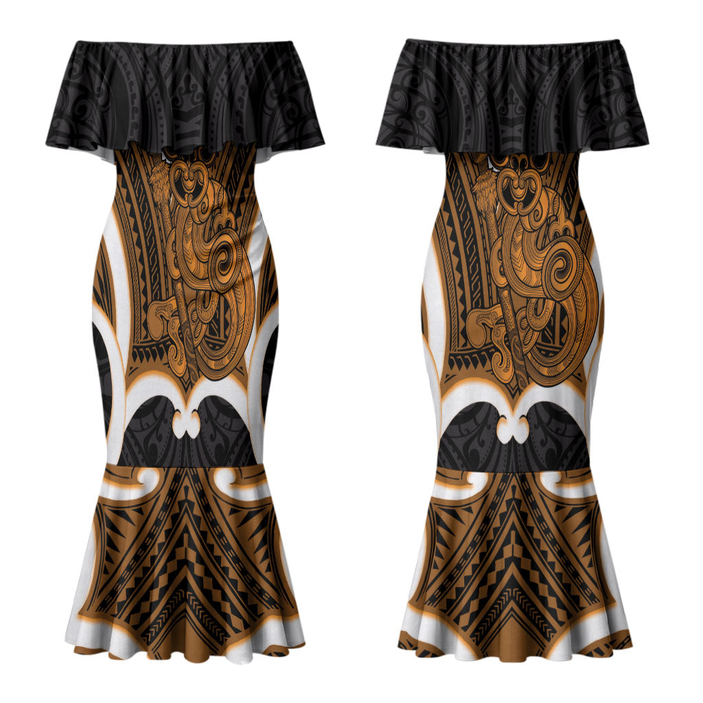 Karaka Aotearoa Atua Tumatauenga Personalised Couples Matching Mermaid Dress and Long Sleeve Button Shirt Maori God Of War Tiki With Taiaha