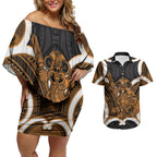 Karaka Aotearoa Atua Tumatauenga Personalised Couples Matching Off Shoulder Short Dress and Hawaiian Shirt Maori God Of War Tiki With Taiaha