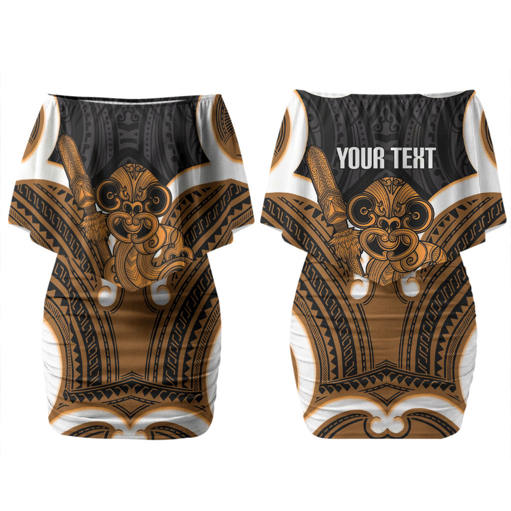 Karaka Aotearoa Atua Tumatauenga Personalised Couples Matching Off Shoulder Short Dress and Hawaiian Shirt Maori God Of War Tiki With Taiaha