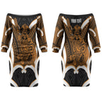 Karaka Aotearoa Atua Tumatauenga Personalised Couples Matching Off The Shoulder Long Sleeve Dress and Hawaiian Shirt Maori God Of War Tiki With Taiaha