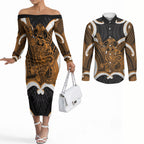 Karaka Aotearoa Atua Tumatauenga Personalised Couples Matching Off The Shoulder Long Sleeve Dress and Long Sleeve Button Shirt Maori God Of War Tiki With Taiaha