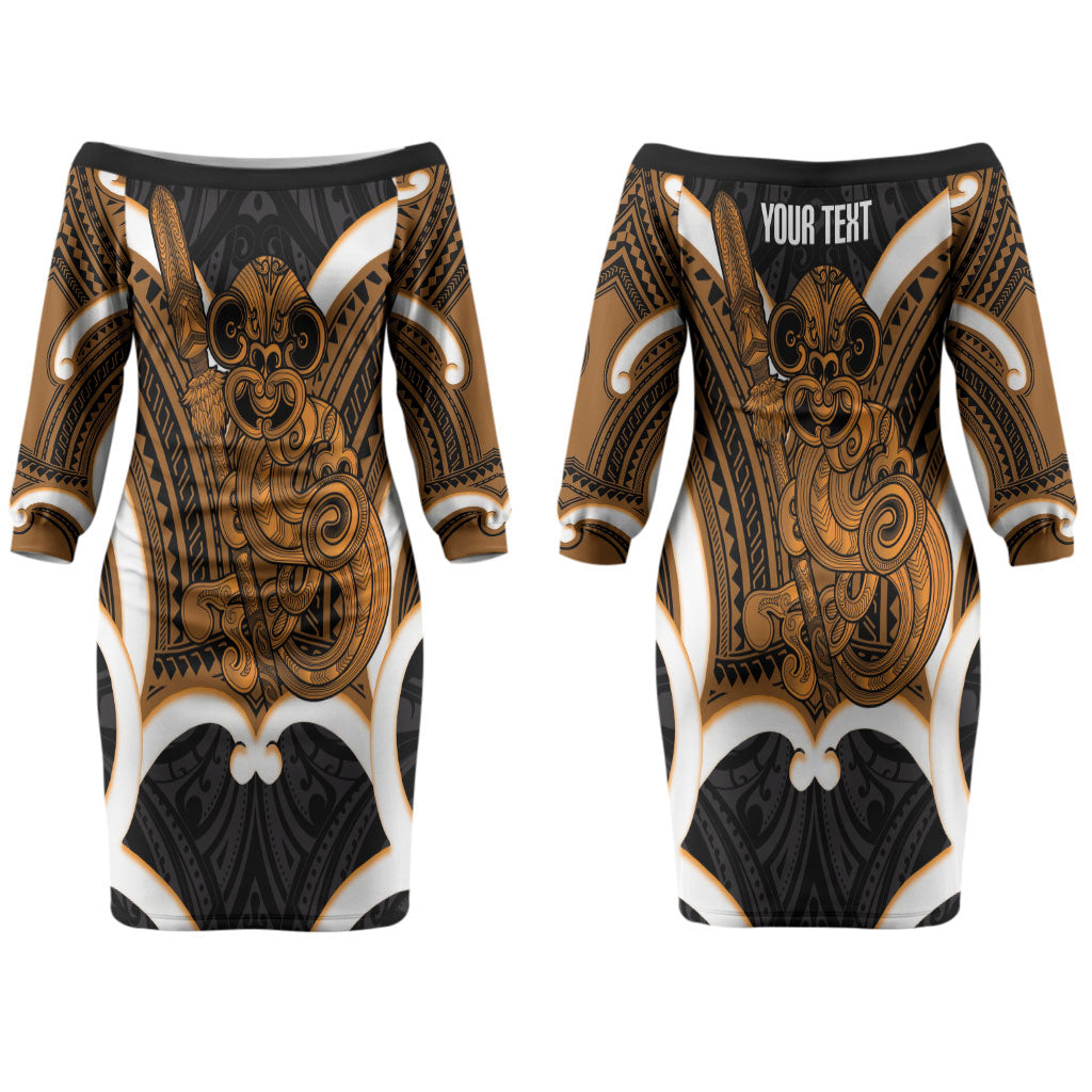 Karaka Aotearoa Atua Tumatauenga Personalised Couples Matching Off The Shoulder Long Sleeve Dress and Long Sleeve Button Shirt Maori God Of War Tiki With Taiaha