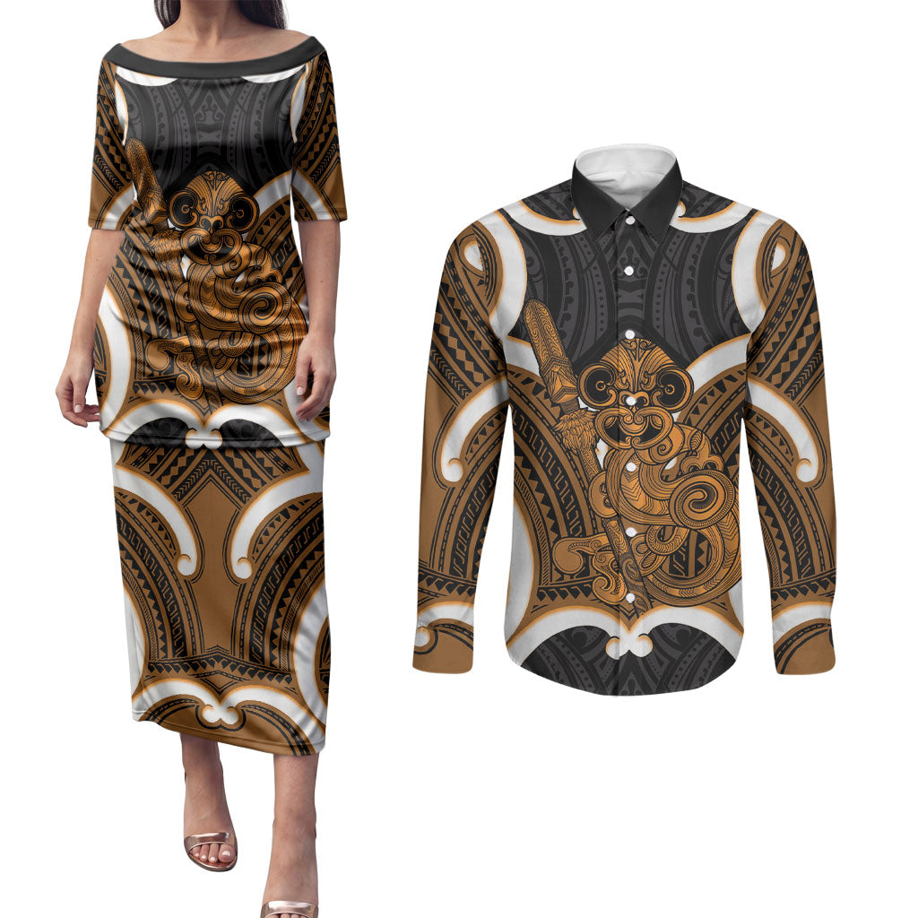 Karaka Aotearoa Atua Tumatauenga Personalised Couples Matching Puletasi and Long Sleeve Button Shirt Maori God Of War Tiki With Taiaha