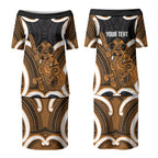 Karaka Aotearoa Atua Tumatauenga Personalised Couples Matching Puletasi and Long Sleeve Button Shirt Maori God Of War Tiki With Taiaha